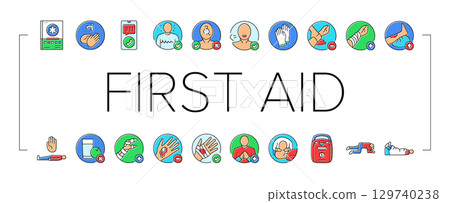 first aid providing cpr bandage icons set vector 129740238