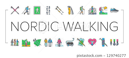 nordic walking exercise outdoor icons set vector nordic walking exercise outdoor icons set vector 129740277