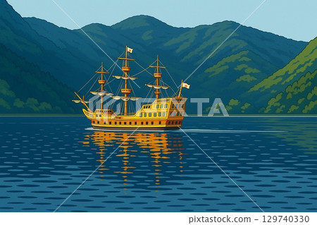 Tourist Pirate Ship on Lake with Mountain Scenery | Tourist Pirate Ship on Lake with Mountain Scenery 129740330