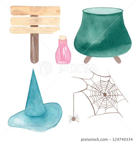 A watercolor hand drawn set with classic Halloween elements: magic potion, spider web, witch's hat and cauldron, pointer. Great for seasonal decor, posters, postcards, and holiday-themed decorations 129740334