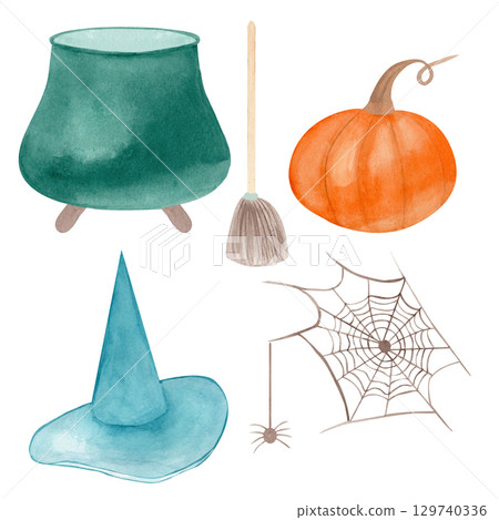 A set of magical items. A collection of mystical magical items: witch cauldron and hood, broom, pumpkin and spider web. Watercolor illustration of mythical esoteric elements 129740336