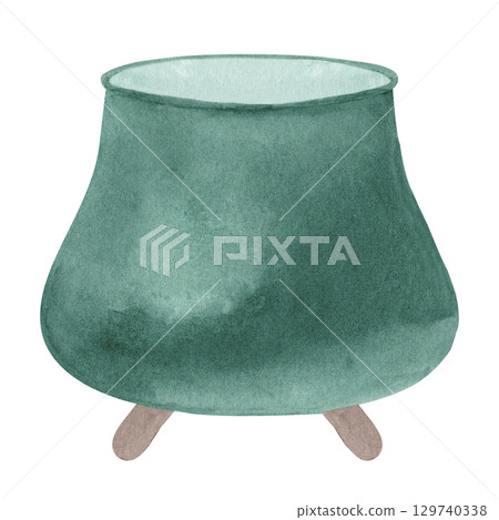 Witch cauldron or cast pot on legs watercolor isolated hand drawn on the theme of magic and wizardry. Green utensils for making a magic potion. For Halloween party decoration or Esoteric designs. 129740338
