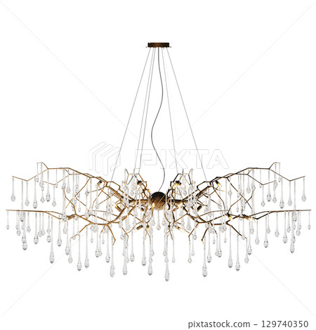 chandelier on the ceiling isolated on transparent background, hanging lamp, pendant light, 3D illustration, cg render 129740350