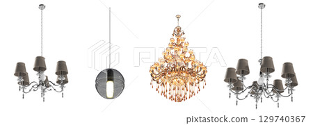 chandelier on the ceiling isolated on transparent background, hanging lamp, pendant light, 3D illustration, cg render 129740367