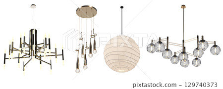chandelier on the ceiling isolated on transparent background, hanging lamp, pendant light, 3D illustration, cg render chandelier on the ceiling isolated on transparent background, hanging lamp, pendant light, 3D illustration, cg render 129740373