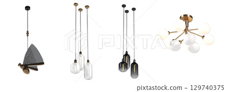chandelier on the ceiling isolated on transparent background, hanging lamp, pendant light, 3D illustration, cg render 129740375