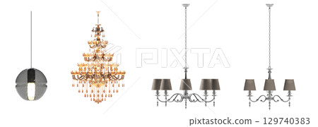 chandelier on the ceiling isolated on transparent background, hanging lamp, pendant light, 3D illustration, cg render 129740383