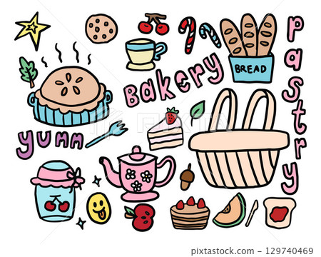 Hand drawn Christmas illustrations of winter pie, bread loaf, candy cane, warm drink, cherry, basket, cherry jam, cake slice, melon, strawberry cake, apple, fork, bread and jam, walnut, star, bakery Hand drawn Christmas illustrations of winter pie, bread loaf, candy cane, warm drink, cherry, basket, cherry jam, cake slice, melon, strawberry cake, apple, fork, bread and jam, walnut, star, bakery 129740469