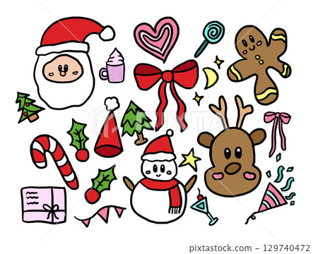 Hand drawn Christmas illustration of Santa Claus, snowman, reindeer, gingerbread man, candy cane, party hat, Christmas tree, pink ribbon, letter, heart, champagne for festive decoration, winter season 129740472