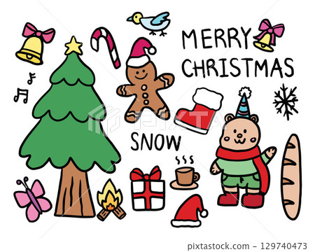 Hand drawn Christmas illustrations of Christmas tree, gift box, candy cane, bell and red ribbon, gingerbread man cookie, Santa sock, bread loaf, teddy bear with red scarf, snowflake, camp fire, bird Hand drawn Christmas illustrations of Christmas tree, gift box, candy cane, bell and red ribbon, gingerbread man cookie, Santa sock, bread loaf, teddy bear with red scarf, snowflake, camp fire, bird 129740473