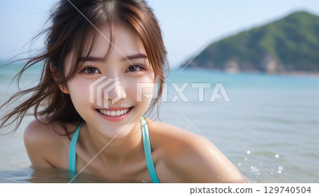 Portrait of a smiling cute girl in a bikini by the beautiful sea 129740504