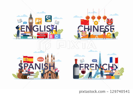 Set of people studying foreign language class. Various school language subjects. 129740541