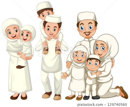 Smiling Muslim Families in Traditional White Clothing Smiling Muslim Families in Traditional White Clothing 129740560