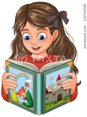 Young Girl Reading Fantasy Storybook with Castle and Dragon 129740569