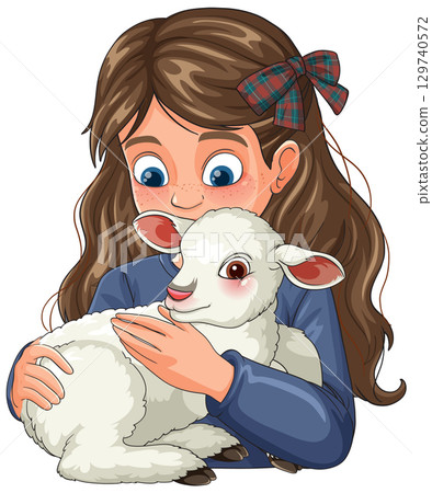 Young Girl Hugging White Lamb with Tartan Bow Young Girl Hugging White Lamb with Tartan Bow 129740572