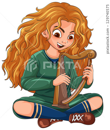 Red-Haired Girl Playing Celtic Harp While Sitting Cross-Legged 129740575