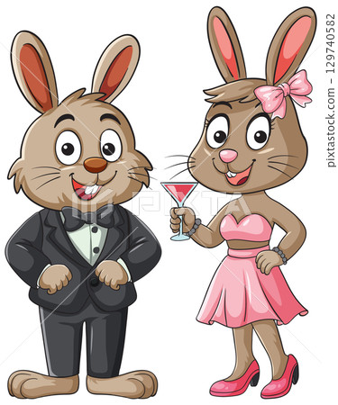 Cartoon Rabbits Dressed for a Formal Party Event 129740582