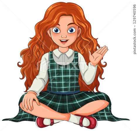 Red-Haired Girl in Plaid Dress Sitting Cross-Legged 129740596