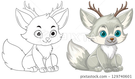 Charming Cartoon Fox with Antlers Illustration Charming Cartoon Fox with Antlers Illustration 129740601