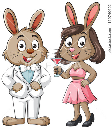 Cartoon Rabbits Dressed for a Formal Party 129740602