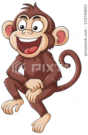 Smiling Cartoon Monkey Sitting with Curled Tail Smiling Cartoon Monkey Sitting with Curled Tail 129740603