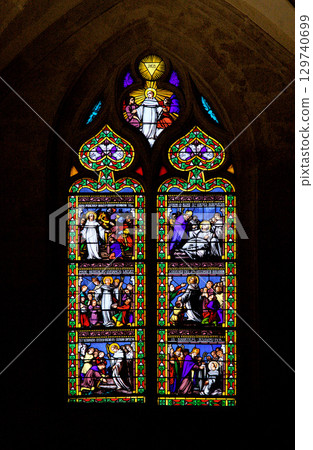 Stained glass window at Church Saint-Sacerdos in Sarlat-la-Caneda, France Stained glass window at Church Saint-Sacerdos in Sarlat-la-Caneda, France 129740699