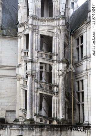 Intricate spiral staircase details of Chambord castle in France, Renaissance architecture 129740847