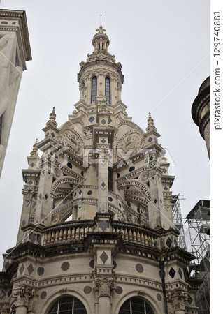Chambord castle with intricate details in France's Loire Valley during a cloudy day 129740881