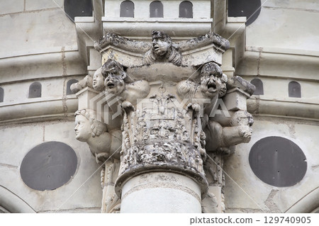 Intricate architectural detailing at Chambord Castle in France showcasing historic craftsmanship 129740905