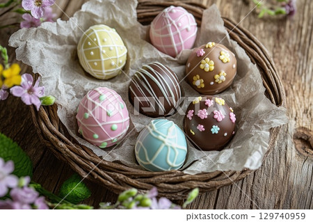 Artistic Chocolate Easter Eggs with Delicate Designs 129740959