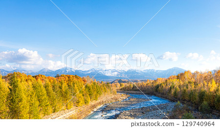 北海道美瑛的美瑛川和紅葉，清爽的秋天 129740964