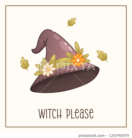 Funny witch greeting card with floral boho halloween hat 129740979