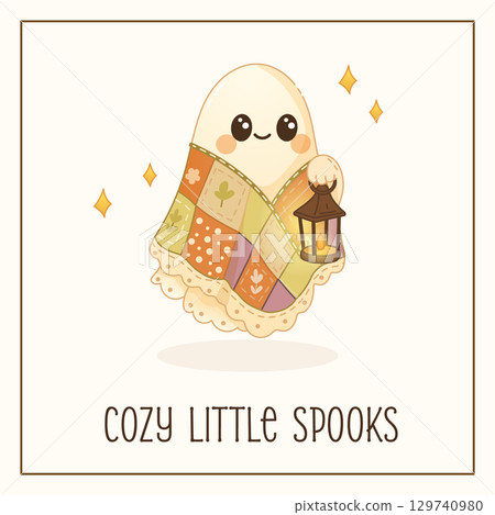 Cozy halloween ghost greeting card in cute boho style 129740980