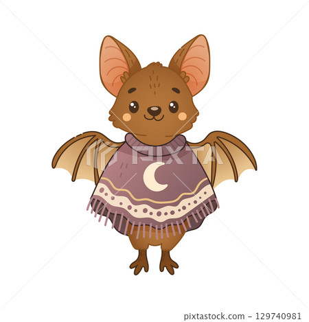 Cute boho halloween bat character with poncho and moon 129740981