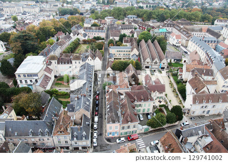 Views from above Chartres, revealing the bustling streets surrounding the cathedral 129741002