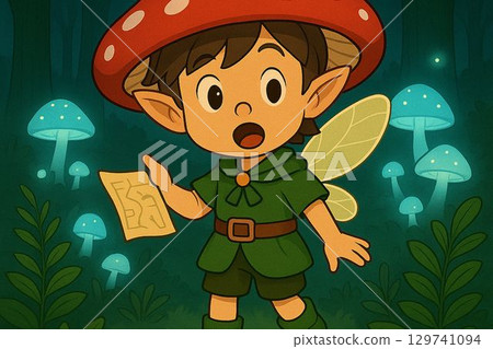 Fairy Character with Mushroom Hat holding a map 129741094