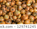 Many onions with husks, fresh harvest 129741245