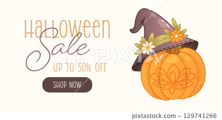 Halloween sale banner with floral witch hat pumpkin 129741266