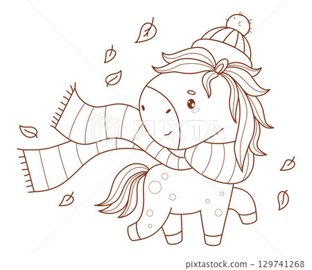 Outline Cute Little Autumn Pony in Hat and Scarf with Falling Fall Leaves. Funny kawaii seasonal animal. Line drawing, coloring book. Vector illustration. Kids collection. Not AI 129741268
