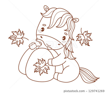 Outline Cute Autumn Pony with pumpkin Fall Leaves. Funny kawaii seasonal animal. Line drawing, coloring book. Symbol 2026 year to Eastern calendar. Vector illustration. Kids collection. Not AI 129741269