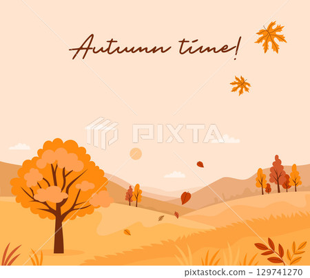 Autumn Time. Autumnal landscape with trees and falling leaves poster. Minimal flat fall square background. Vector illustration. Perfect for seasonal banners. Not AI. 129741270