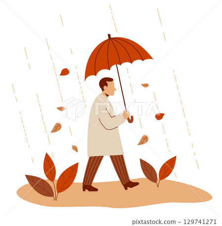 Autumn Man walking with umbrella under falling leaves. Autumnal male character in rain. Vector illustration. Not AI. Autumn Man walking with umbrella under falling leaves. Autumnal male character in rain. Vector illustration. Not AI. 129741271