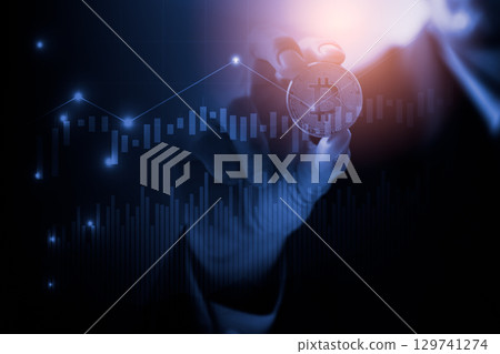 Modern way of exchange. Bitcoin is convenient payment in global economy market. Virtual digital currency and financial investment trade concept. Abstract cryptocurrency with gold bitcoin background. Modern way of exchange. Bitcoin is convenient payment in global economy market. Virtual digital currency and financial investment trade concept. Abstract cryptocurrency with gold bitcoin background. 129741274