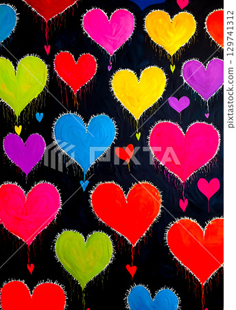 Bright multicolored abstract hearts on black background 129741312