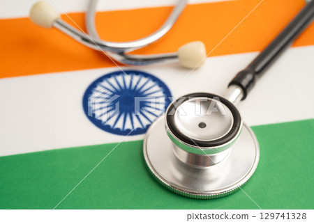 India flag with stethoscope, Business and finance. India flag with stethoscope, Business and finance. 129741328