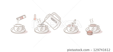 Instruction How to Brewing Instant Coffee. Pour Coffee Granules Mixture in Cup, Add Boiling Water, Wait for few Minutes. Cooking Direction for Hot Drink Instruction How to Brewing Instant Coffee. Pour Coffee Granules Mixture in Cup, Add Boiling Water, Wait for few Minutes. Cooking Direction for Hot Drink 129741612