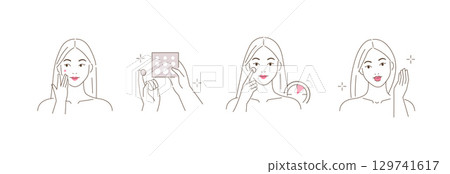 Skincare line icons set. Woman with problem skin applying pimple patch on her face. Acne treatment 129741617