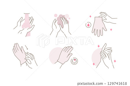 Beauty Girl Take Care of her Hands Skin and Applying Moisturizing Hand Gloves. Instruction how to Use and Applying Hydrating Hand Mask 129741618