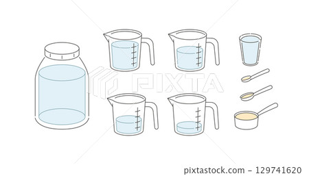 Cooking weights and measures icons set. Typical measuring system for liquid culinary ingredients. Measurements for different recipes 129741620