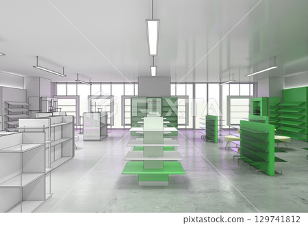 shopping mall, interior visualization, 3D illustration shopping mall, interior visualization, 3D illustration 129741812